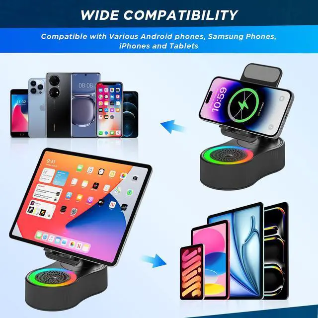 Alt view image 4 of 7 - Cell Phone Stand with Bluetooth Speaker - Wireless Bluetooth Speaker with 360° Rotatable Phone Holder, Multifunctional Adjustable Stand with Charging Compatible with Tablet for Home Desk (Black)