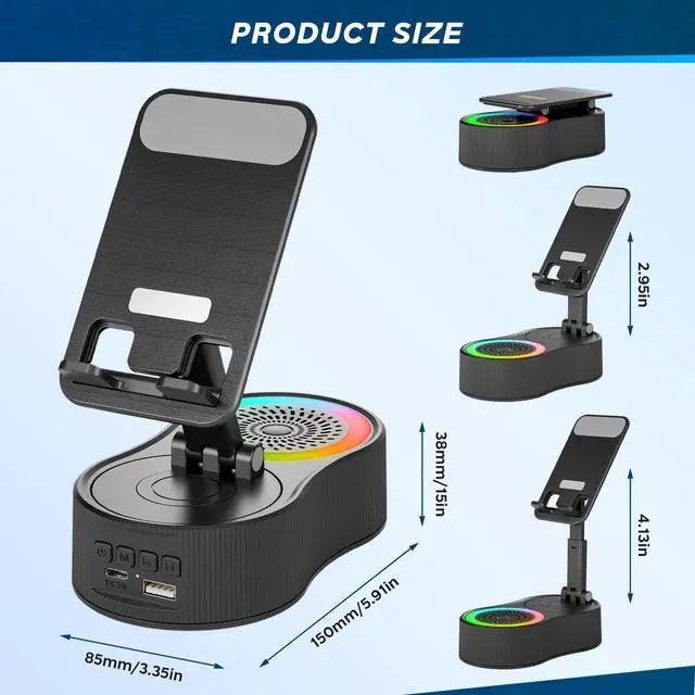 Alt view image 6 of 7 - Cell Phone Stand with Bluetooth Speaker - Wireless Bluetooth Speaker with 360° Rotatable Phone Holder, Multifunctional Adjustable Stand with Charging Compatible with Tablet for Home Desk (Black)