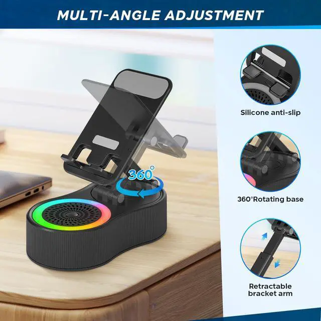 Alt view image 5 of 7 - Cell Phone Stand with Bluetooth Speaker - Wireless Bluetooth Speaker with 360° Rotatable Phone Holder, Multifunctional Adjustable Stand with Charging Compatible with Tablet for Home Desk (Black)