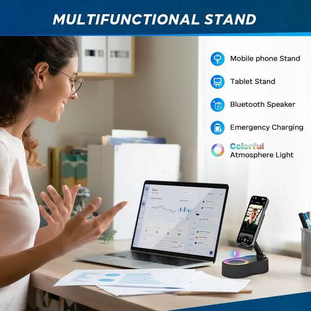 Alt view image 2 of 7 - Cell Phone Stand with Bluetooth Speaker - Wireless Bluetooth Speaker with 360° Rotatable Phone Holder, Multifunctional Adjustable Stand with Charging Compatible with Tablet for Home Desk (Black)