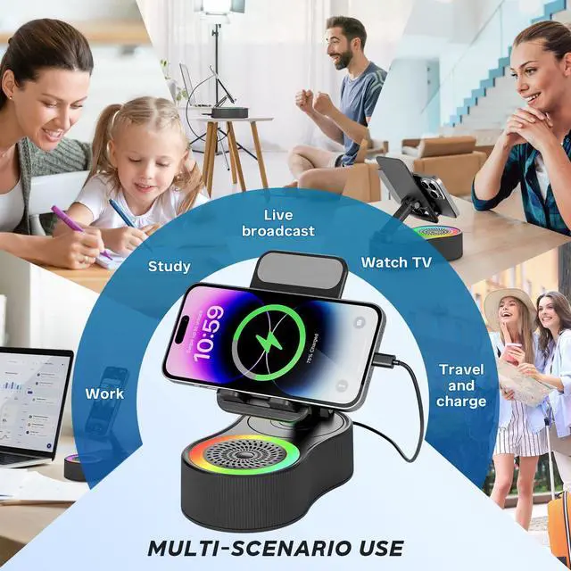Alt view image 7 of 7 - Cell Phone Stand with Bluetooth Speaker - Wireless Bluetooth Speaker with 360° Rotatable Phone Holder, Multifunctional Adjustable Stand with Charging Compatible with Tablet for Home Desk (Black)