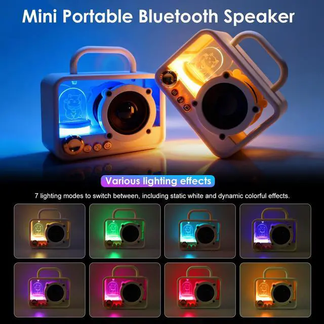 Alt view image 2 of 7 - Cute Bluetooth Speaker with RGB Lights, Small Portable Wireless Speaker with Stereo Sound & Punchy Bass, Mini Gift for Kitchen Desk Bedroom Office Outdoor