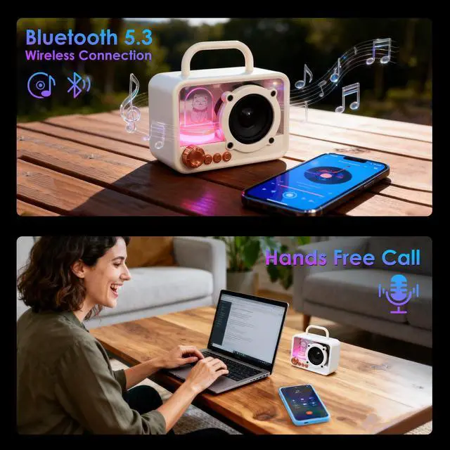 Alt view image 4 of 7 - Cute Bluetooth Speaker with RGB Lights, Small Portable Wireless Speaker with Stereo Sound & Punchy Bass, Mini Gift for Kitchen Desk Bedroom Office Outdoor