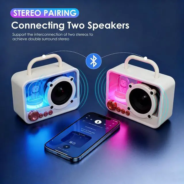 Alt view image 5 of 7 - Cute Bluetooth Speaker with RGB Lights, Small Portable Wireless Speaker with Stereo Sound & Punchy Bass, Mini Gift for Kitchen Desk Bedroom Office Outdoor