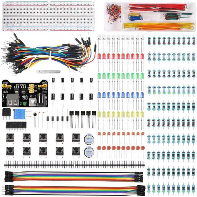 Main image of 480pcs 37 Values Electronics Component Fun Kit with Power Supply Module, Jumper Wire, 830 tie-Points Breadboard, Precision Potentiometer, Resistor