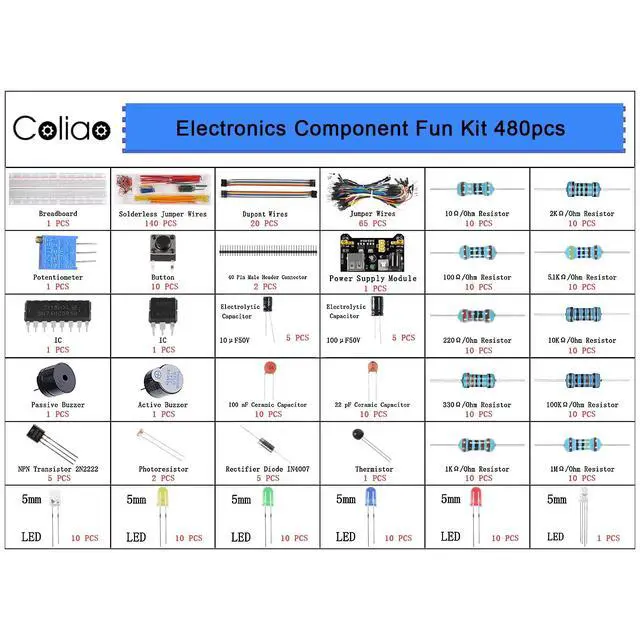 Alt view image 3 of 6 - 480pcs 37 Values Electronics Component Fun Kit with Power Supply Module, Jumper Wire, 830 tie-Points Breadboard, Precision Potentiometer, Resistor