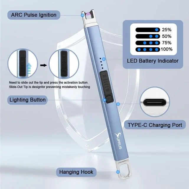 Alt view image 2 of 7 - Candle Lighter Arc Electric Lighter Windproof Flameless with Safety Switch for Camping BBQ Birthday, Giftbox for Mom Wife Friend (Blue)