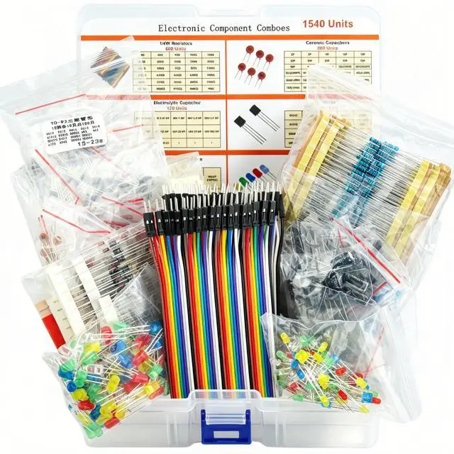 Main image of 1540 Pcs Electronic Component Assortment Kit LED Diode Transistor Metal Film Resistors Aluminum Electrolytic Capacitors Ceramic Capacitors and 40Pin Male to Male Jumper Wire