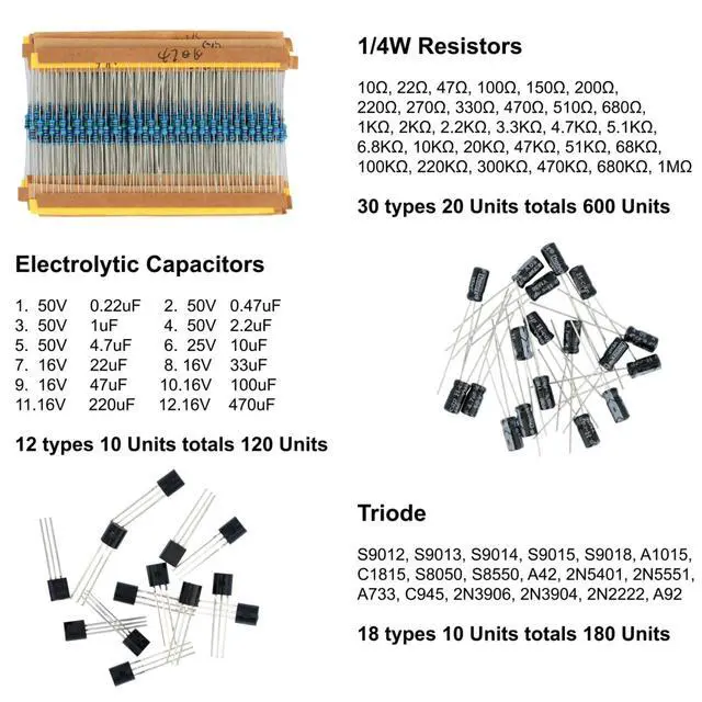 Alt view image 3 of 6 - 1540 Pcs Electronic Component Assortment Kit LED Diode Transistor Metal Film Resistors Aluminum Electrolytic Capacitors Ceramic Capacitors and 40Pin Male to Male Jumper Wire