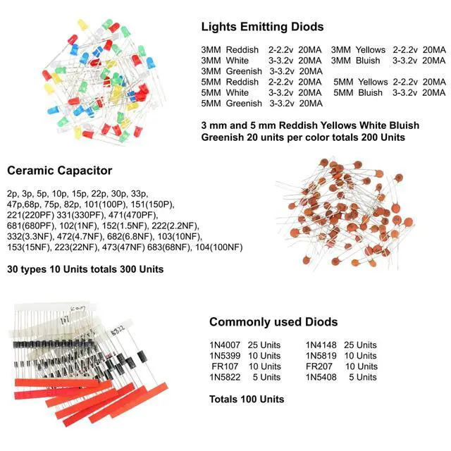 Alt view image 4 of 6 - 1540 Pcs Electronic Component Assortment Kit LED Diode Transistor Metal Film Resistors Aluminum Electrolytic Capacitors Ceramic Capacitors and 40Pin Male to Male Jumper Wire
