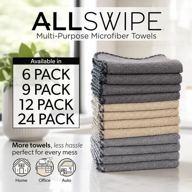 Alt view image 2 of 6 - AllSwipe Multi-Purpose Microfiber Towels for Cars, Microfiber Cleaning Cloth Multi Color Drying Towels Car Detailing for Wash Interior and Glass, 14 x 12 Inch - 12 Pack