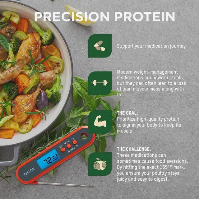 Alt view image 5 of 7 - Digital Waterproof Meat Thermometer for GLP-1 High Protein Meal Prep Folding Probe for Chicken, Salmon, Steak Programmable Presets, Backlit Display for Oven, Grill, Orange