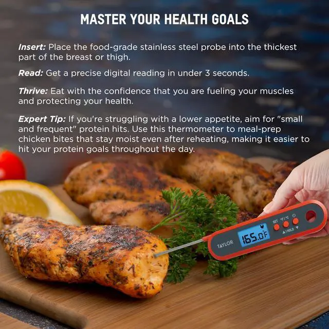 Alt view image 4 of 7 - Digital Waterproof Meat Thermometer for GLP-1 High Protein Meal Prep Folding Probe for Chicken, Salmon, Steak Programmable Presets, Backlit Display for Oven, Grill, Orange