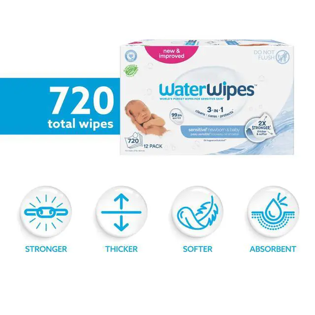 Alt view image 2 of 7 - Sensitive+ Newborn & Baby Wipes, 3-In-1 Cleans, Cares, Protects, 99.9% Water, Unscented & Hypoallergenic, 720 Count (12 Packs)
