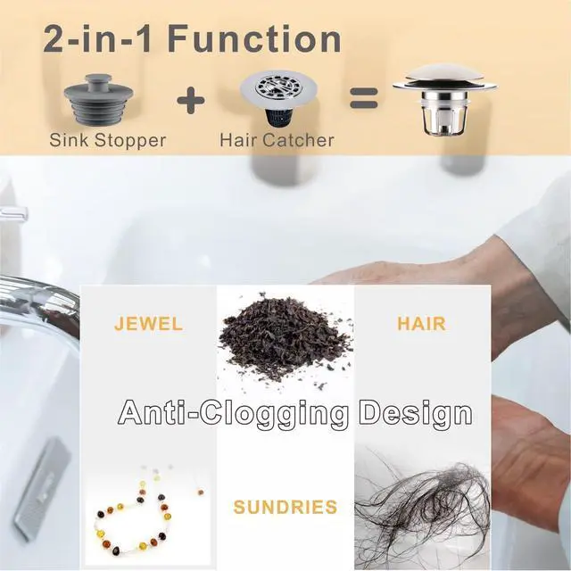 Alt view image 5 of 7 - Bathroom Sink Stopper,Sink Drain Stopper Pop Up Strainer Brushed