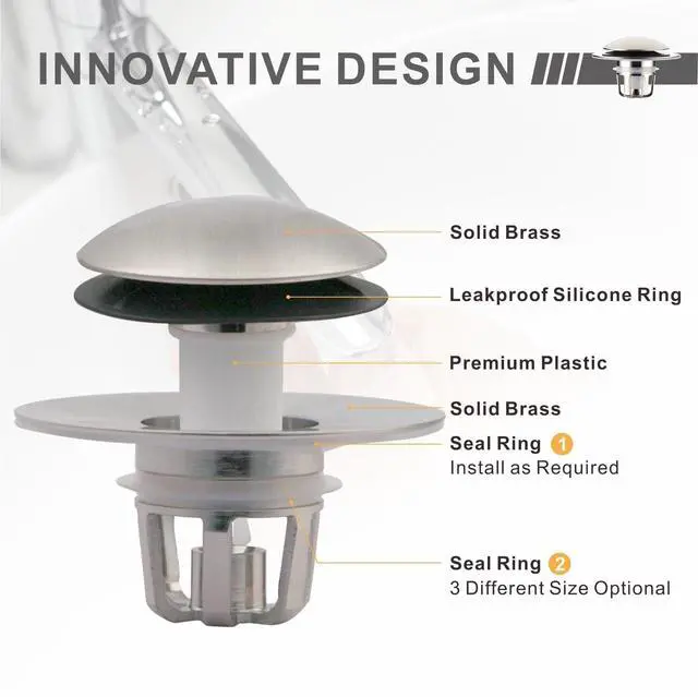 Alt view image 7 of 7 - Bathroom Sink Stopper,Sink Drain Stopper Pop Up Strainer Brushed