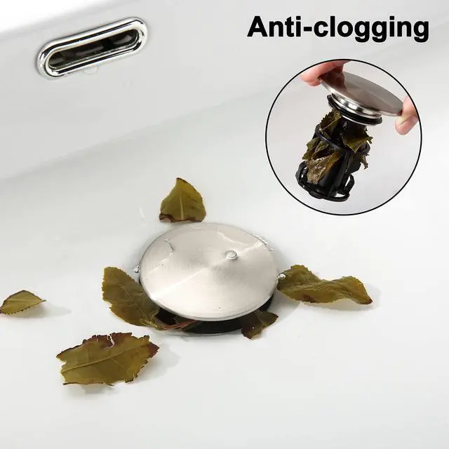Alt view image 4 of 7 - Pop Up Bathroom Sink Drain - Bathroom Sink Stopper with Overflow for Faucet Vessel, Push Type Bathroom Sink Vanity Assembly with Strainer, Brushed Nickel