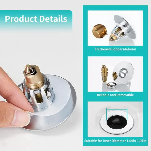 Alt view image 4 of 7 - Sink Stopper, Bathroom Sink Drain Strainer with Hair Catcher, for 1.04~1.97 Drain Hole, Brass Universal Drain Cover, Pop Up Basin Plug