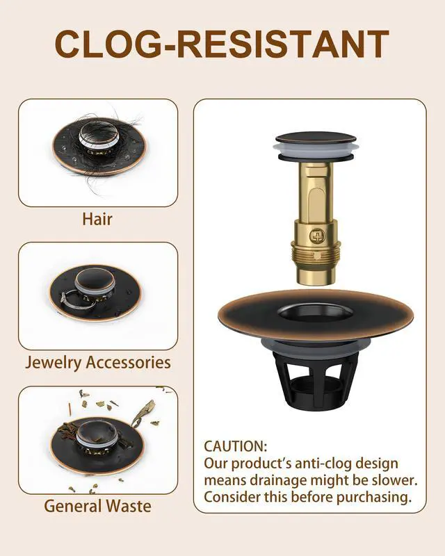 Alt view image 3 of 7 - Bathroom Sink Stopper, 1.1-1.77 Inch Basin Pop Up Sink Drain Stopper, Anti Clogging Drain Plug with Detachable Hair Catcher, Dark Bronze