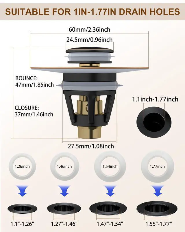 Alt view image 5 of 7 - Bathroom Sink Stopper, 1.1-1.77 Inch Basin Pop Up Sink Drain Stopper, Anti Clogging Drain Plug with Detachable Hair Catcher, Dark Bronze