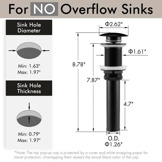 Alt view image 6 of 7 - Bathroom Sink Drain Without Overflow Vessel Sink Lavatory Vanity Pop Up Drain Stopper Matte Black for 1.6"-1.9" Sink Hole, All Metal Rustproof Brass and 304 Stainless Steel, S2008D-BK