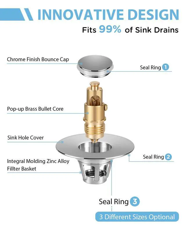 Alt view image 5 of 7 - Bathroom Sink Drain Strainer, 2 in 1 Anti-Clogging Sink Stopper with Hair Catcher, Universal Pop-Up Sink Drain Plug Fits 1.1" ~ 1.5" Drain, Solid Brass (Chrome)