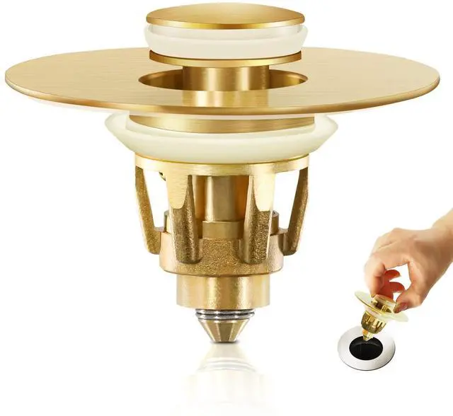 Main image of Gold Bathroom Sink Stopper Pop Up Drain Stopper & Strainer, 2-in-1 Universal Sink Stopper, Compatible with 1.1" to 1.5" Bathroom Sink Drain Pipes, Gold Matte Brushed Finish