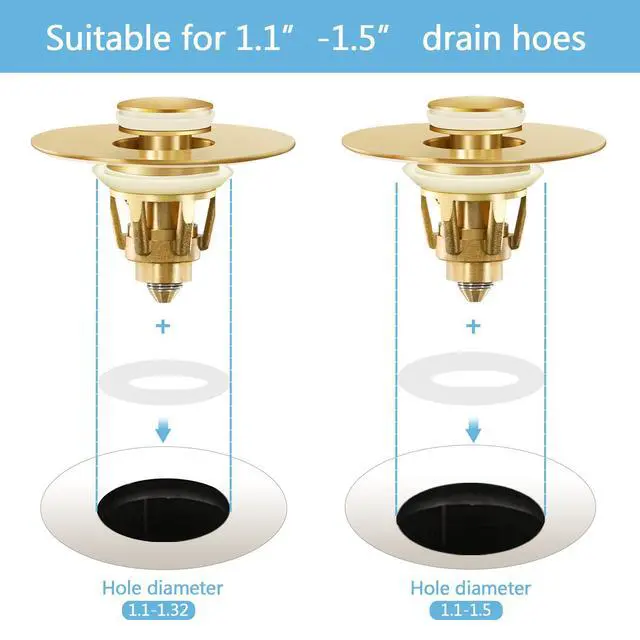 Alt view image 3 of 7 - Gold Bathroom Sink Stopper Pop Up Drain Stopper & Strainer, 2-in-1 Universal Sink Stopper, Compatible with 1.1" to 1.5" Bathroom Sink Drain Pipes, Gold Matte Brushed Finish