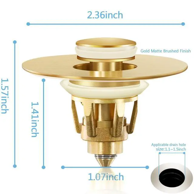 Alt view image 2 of 7 - Gold Bathroom Sink Stopper Pop Up Drain Stopper & Strainer, 2-in-1 Universal Sink Stopper, Compatible with 1.1" to 1.5" Bathroom Sink Drain Pipes, Gold Matte Brushed Finish