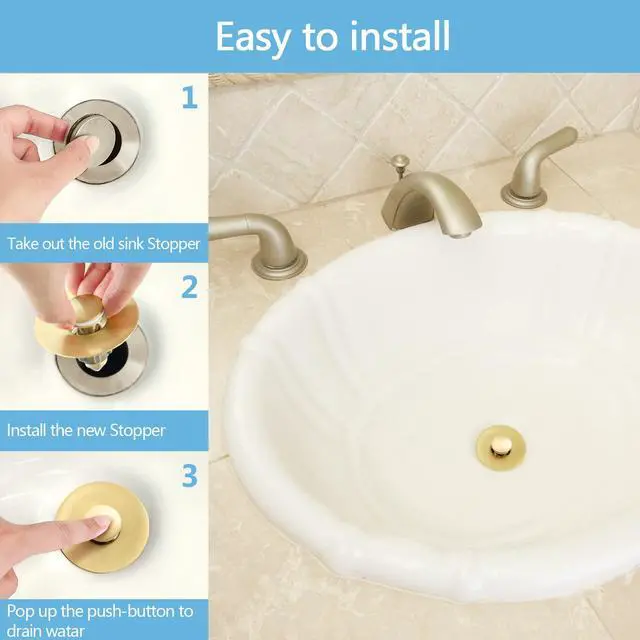 Alt view image 4 of 7 - Gold Bathroom Sink Stopper Pop Up Drain Stopper & Strainer, 2-in-1 Universal Sink Stopper, Compatible with 1.1" to 1.5" Bathroom Sink Drain Pipes, Gold Matte Brushed Finish