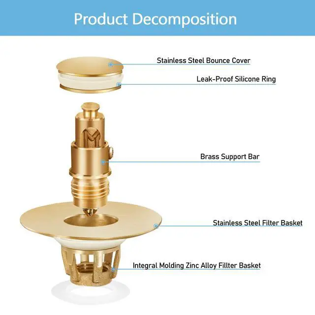 Alt view image 5 of 7 - Gold Bathroom Sink Stopper Pop Up Drain Stopper & Strainer, 2-in-1 Universal Sink Stopper, Compatible with 1.1" to 1.5" Bathroom Sink Drain Pipes, Gold Matte Brushed Finish
