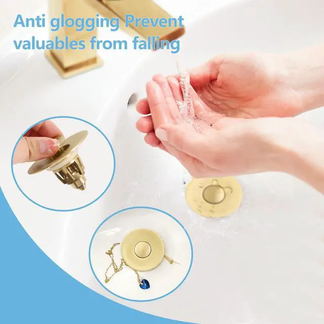 Alt view image 6 of 7 - Gold Bathroom Sink Stopper Pop Up Drain Stopper & Strainer, 2-in-1 Universal Sink Stopper, Compatible with 1.1" to 1.5" Bathroom Sink Drain Pipes, Gold Matte Brushed Finish