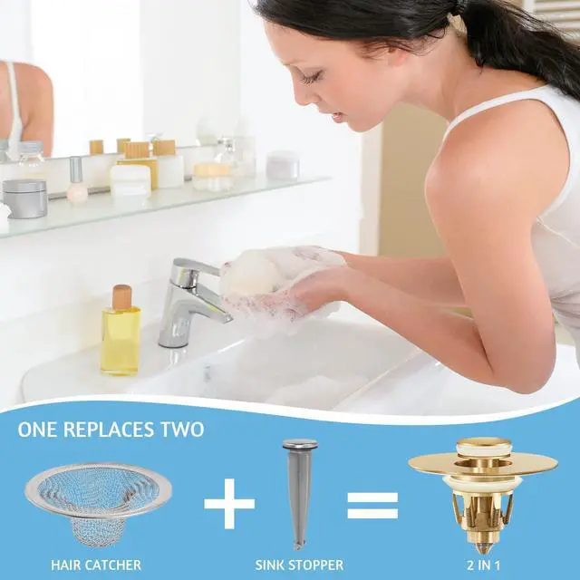 Alt view image 7 of 7 - Gold Bathroom Sink Stopper Pop Up Drain Stopper & Strainer, 2-in-1 Universal Sink Stopper, Compatible with 1.1" to 1.5" Bathroom Sink Drain Pipes, Gold Matte Brushed Finish