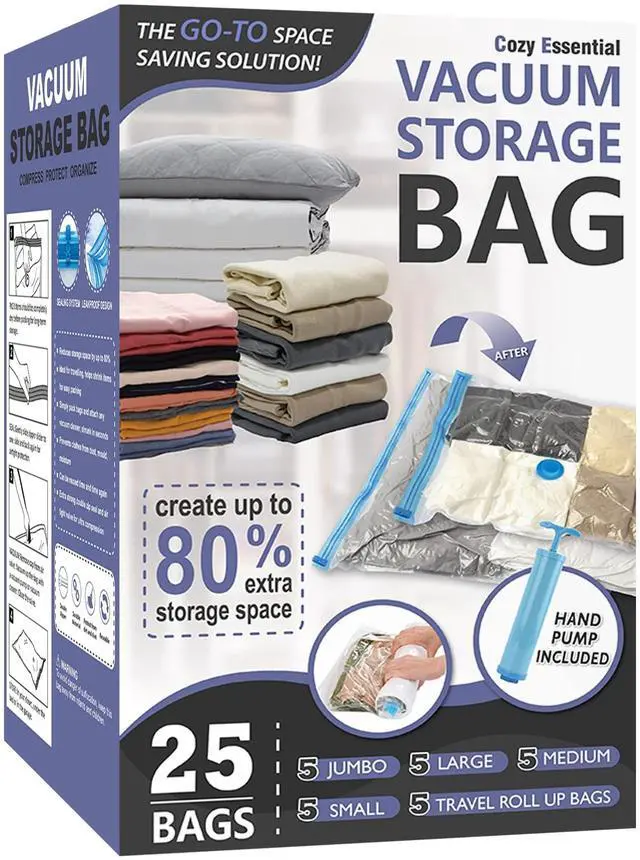 Main image of Vacuum Storage Bags, 80% Compression Vacuum Seal Space Saver Plastic Packaging Bags for Clothes, Blankets, Pillow, Bedding, Comforters, Sealer Clothing Storage,25 Combo