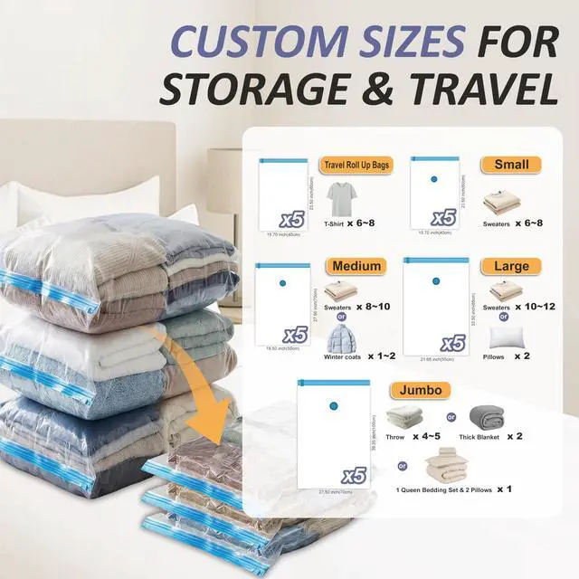 Alt view image 3 of 7 - Vacuum Storage Bags, 80% Compression Vacuum Seal Space Saver Plastic Packaging Bags for Clothes, Blankets, Pillow, Bedding, Comforters, Sealer Clothing Storage,25 Combo