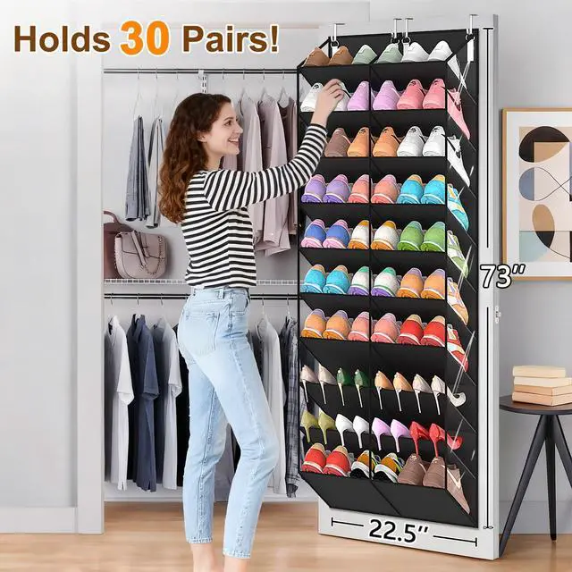 Alt view image 2 of 7 - 20-30 Pairs Over the Door Shoe Organizer, Clear Pockets Hanging Shoe Storage for Closet, 10-Tier Door Shoes Rack, Handing Shoes Holder Fit All the Family's Sneakers, Boots, Heels, Black