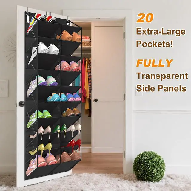 Alt view image 3 of 7 - 20-30 Pairs Over the Door Shoe Organizer, Clear Pockets Hanging Shoe Storage for Closet, 10-Tier Door Shoes Rack, Handing Shoes Holder Fit All the Family's Sneakers, Boots, Heels, Black