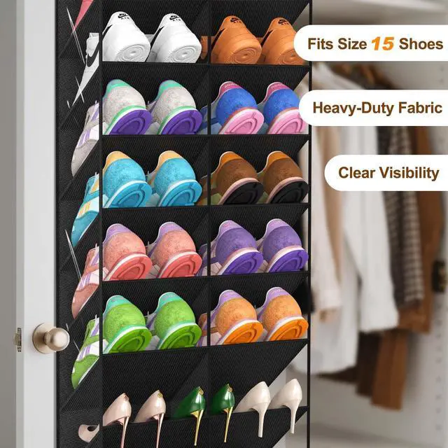 Alt view image 6 of 7 - 20-30 Pairs Over the Door Shoe Organizer, Clear Pockets Hanging Shoe Storage for Closet, 10-Tier Door Shoes Rack, Handing Shoes Holder Fit All the Family's Sneakers, Boots, Heels, Black