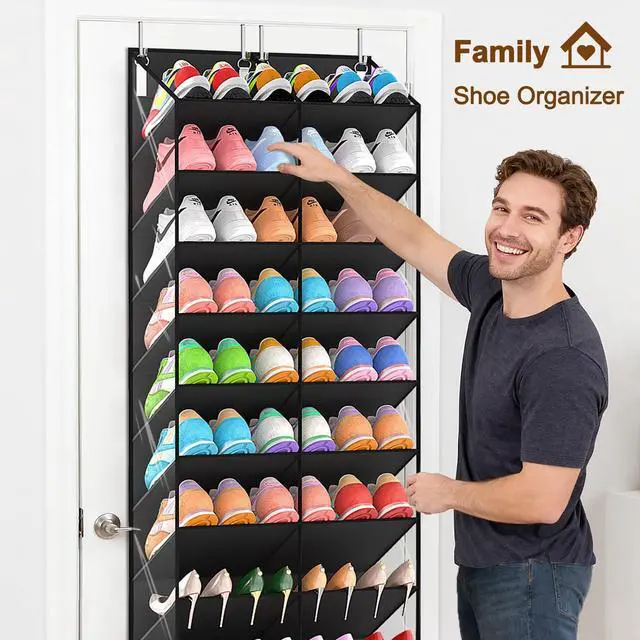 Alt view image 4 of 7 - 20-30 Pairs Over the Door Shoe Organizer, Clear Pockets Hanging Shoe Storage for Closet, 10-Tier Door Shoes Rack, Handing Shoes Holder Fit All the Family's Sneakers, Boots, Heels, Black