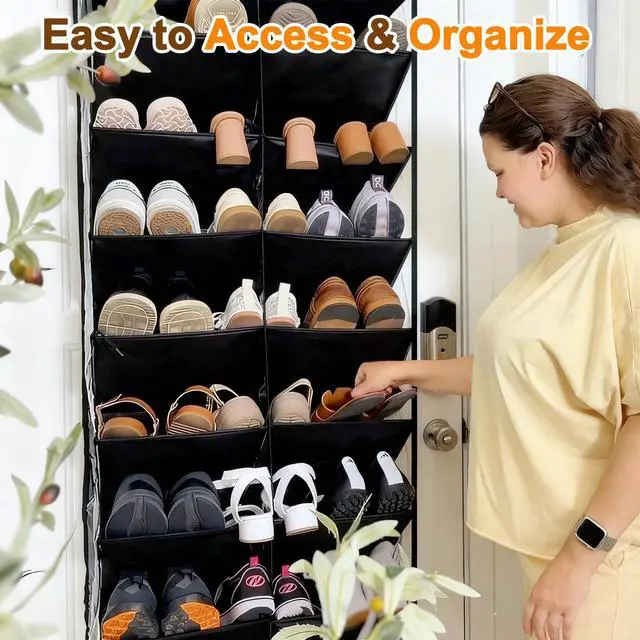 Alt view image 5 of 7 - 20-30 Pairs Over the Door Shoe Organizer, Clear Pockets Hanging Shoe Storage for Closet, 10-Tier Door Shoes Rack, Handing Shoes Holder Fit All the Family's Sneakers, Boots, Heels, Black