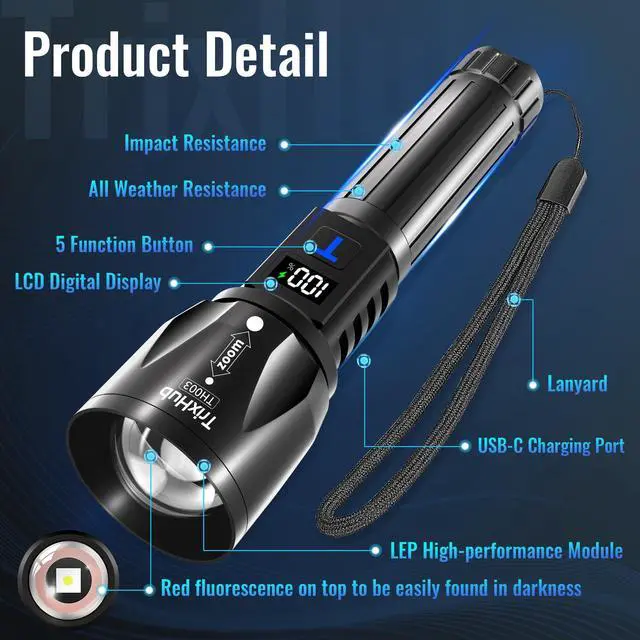 Alt view image 6 of 7 - Rechargeable Flashlights High Lumens 2Pack, 5Mode Flash Light with LCD Digital Display, Super Bright Adjustable Tactical Flashlight, High Powered LED Handheld Flashlight for Home