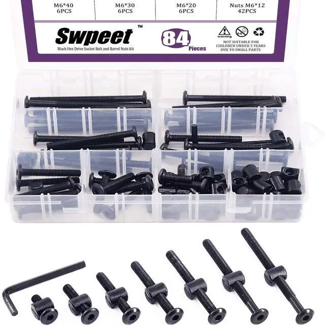 Main image of 84Pcs Black M6 × 20/30/40/50/60/70/80mm Crib Hardware Screws Kit, Hex Socket Head Cap Cribs Baby Bed Bolt and Barrel Nuts with 1 x Allen Wrench Perfect for Furniture, Cots, Cribs Screws