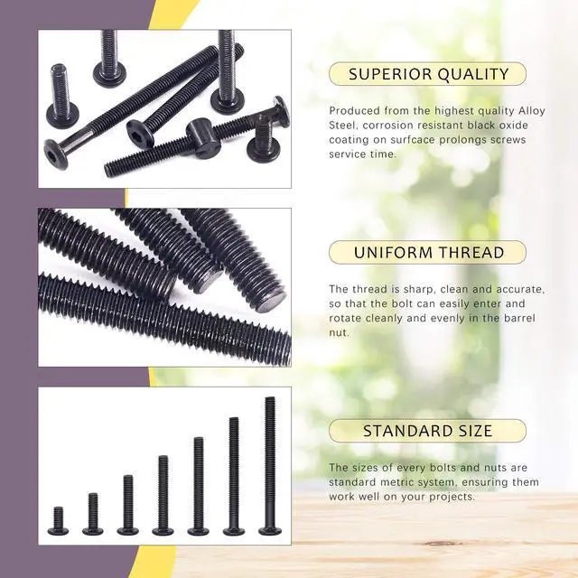 Alt view image 3 of 7 - 84Pcs Black M6 × 20/30/40/50/60/70/80mm Crib Hardware Screws Kit, Hex Socket Head Cap Cribs Baby Bed Bolt and Barrel Nuts with 1 x Allen Wrench Perfect for Furniture, Cots, Cribs Screws