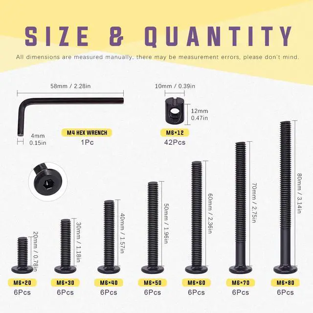 Alt view image 2 of 7 - 84Pcs Black M6 × 20/30/40/50/60/70/80mm Crib Hardware Screws Kit, Hex Socket Head Cap Cribs Baby Bed Bolt and Barrel Nuts with 1 x Allen Wrench Perfect for Furniture, Cots, Cribs Screws