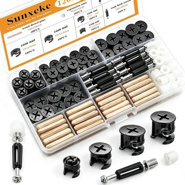 Main image of 120PCS Cam Locks for Furniture3-in-1 Eccentric Hardware Wheels,Furniture Fasteners&Connectors with Multi-Size Nuts,Bolts and Wood Dowel Pins,Kit for Furniture Assembly/Repair(Black)