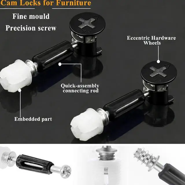 Alt view image 4 of 6 - 120PCS Cam Locks for Furniture3-in-1 Eccentric Hardware Wheels,Furniture Fasteners&Connectors with Multi-Size Nuts,Bolts and Wood Dowel Pins,Kit for Furniture Assembly/Repair(Black)
