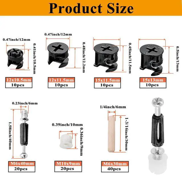 Alt view image 2 of 6 - 120PCS Cam Locks for Furniture3-in-1 Eccentric Hardware Wheels,Furniture Fasteners&Connectors with Multi-Size Nuts,Bolts and Wood Dowel Pins,Kit for Furniture Assembly/Repair(Black)
