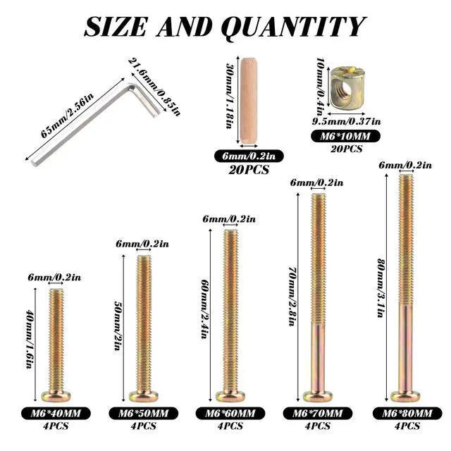Alt view image 2 of 7 - M6x40/50/60/70/80mm Crib Screws Assortment 20 Set Wooden Bed Hardware Kit