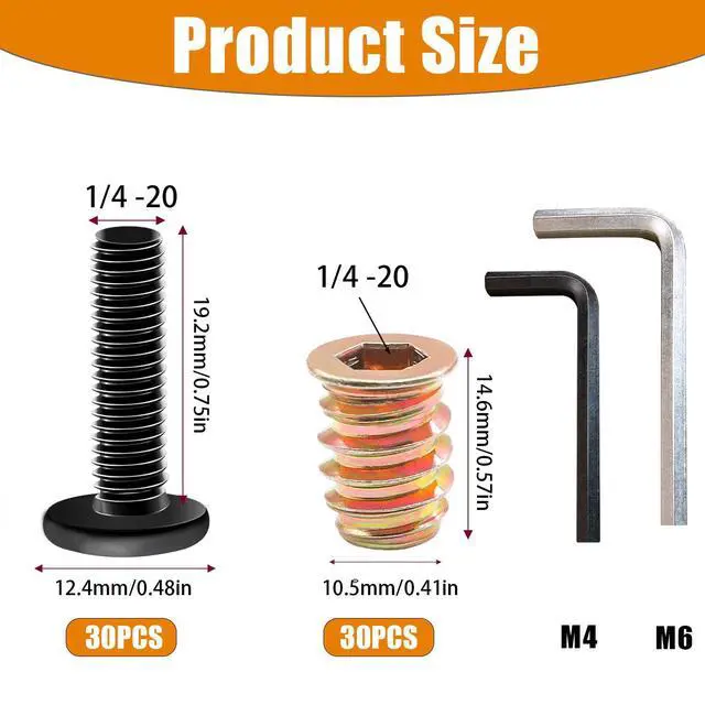 Alt view image 2 of 6 - 60PCS Threaded Inserts for Wood Furniture Screws 1/4-20 x 3/4",1/4-20 x 19/32" Nut Threaded Wood Inserts Bolt Fastener Connector Hex Socket Drive Screw-in Nuts with Hex Spanner