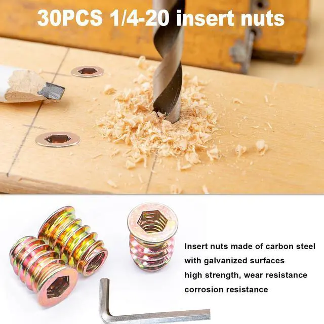 Alt view image 5 of 6 - 60PCS Threaded Inserts for Wood Furniture Screws 1/4-20 x 3/4",1/4-20 x 19/32" Nut Threaded Wood Inserts Bolt Fastener Connector Hex Socket Drive Screw-in Nuts with Hex Spanner
